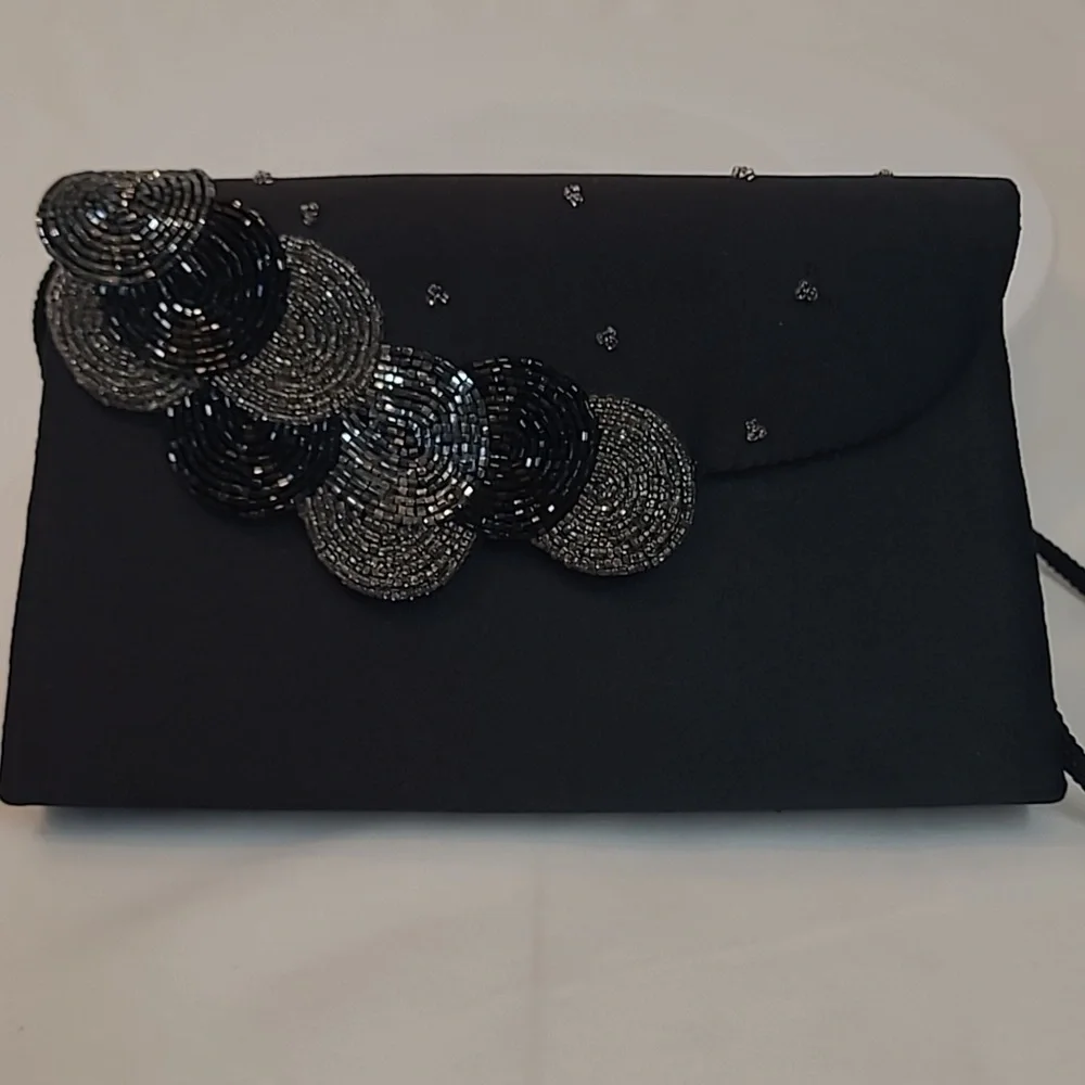 La Regale Vintage Black Satin Bag with Cord Beaded Circles - Stunning!